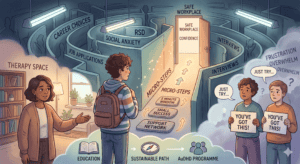 A conceptual, stylised illustration depicting a young adult standing before a maze of career-related challenges like "Social Anxiety" and "RSD" under harsh fluorescent lights. To the left, a supportive therapist offers a safe space, while stepping stones labelled "Micro-Steps" form a clear, glowing path through the maze toward an open door labelled "Safe Workplace." On the right, well-meaning peers offer encouragement that triggers overwhelm.