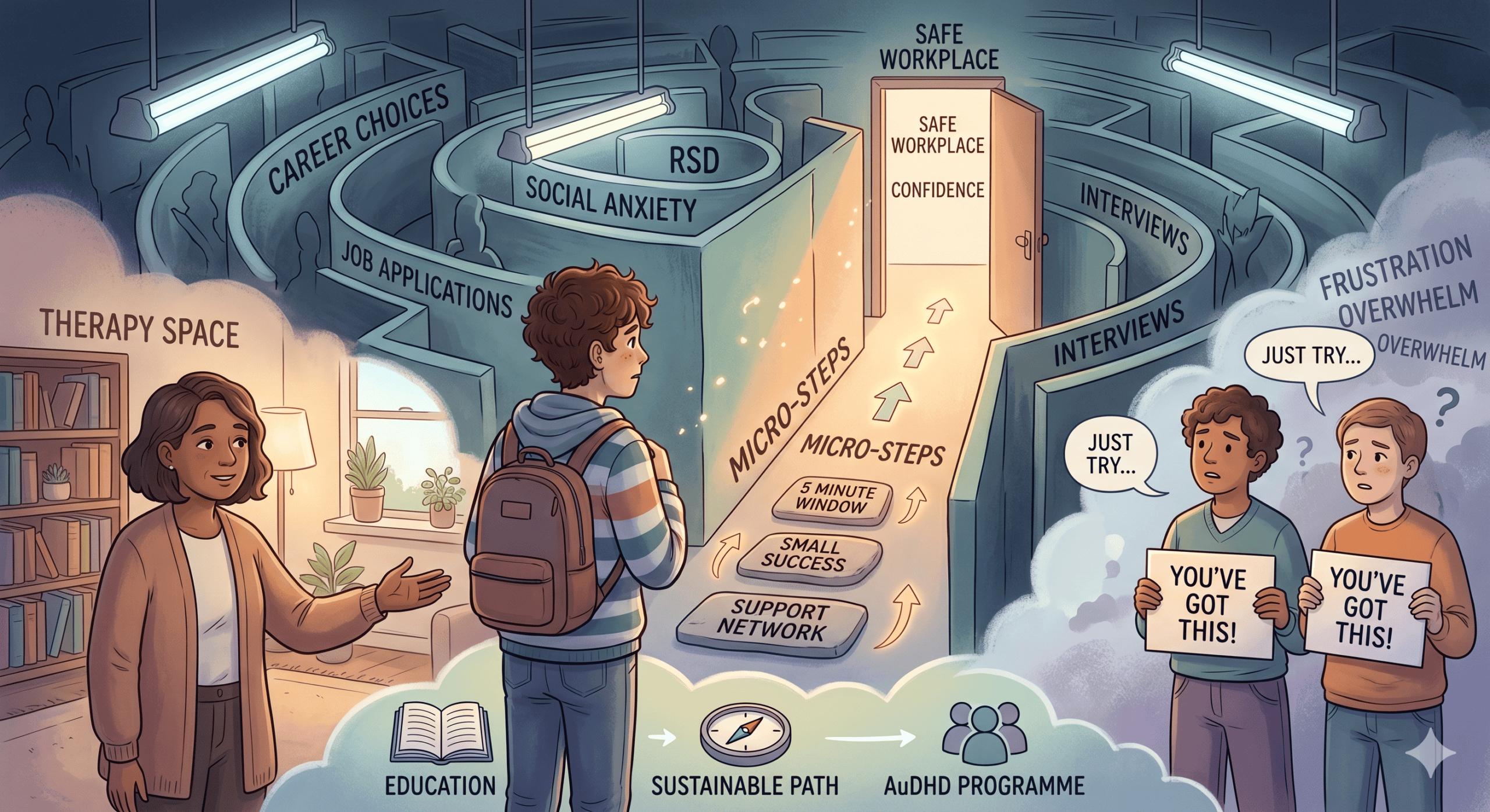 A conceptual, stylised illustration depicting a young adult standing before a maze of career-related challenges like "Social Anxiety" and "RSD" under harsh fluorescent lights. To the left, a supportive therapist offers a safe space, while stepping stones labelled "Micro-Steps" form a clear, glowing path through the maze toward an open door labelled "Safe Workplace." On the right, well-meaning peers offer encouragement that triggers overwhelm.